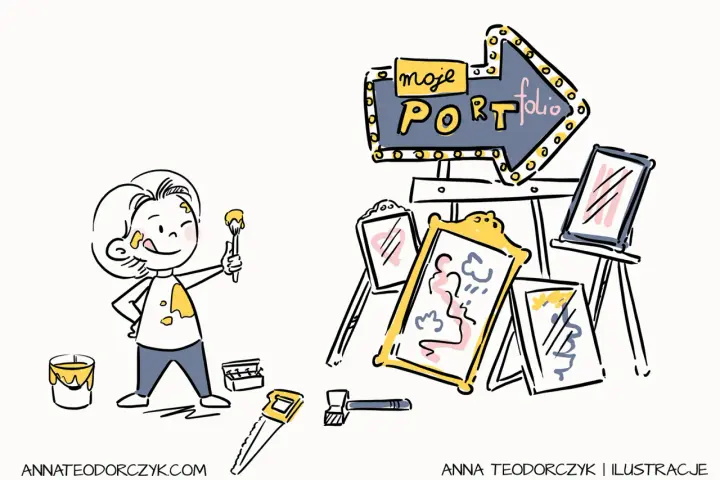 Dziecko z pędzlem i farbą, obok stoją obrazy i neonowy szyld "moje portfolio". To świetny przykład portfolio artystycznego.