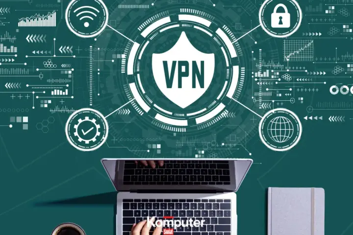 Grafika przedstawia laptopa z widokiem na klawiaturę, na tle schematów sieciowych i symboli VPN. To jak cyfrowy świat, gdzie hamachi zapewnia bezpieczne połączenie.