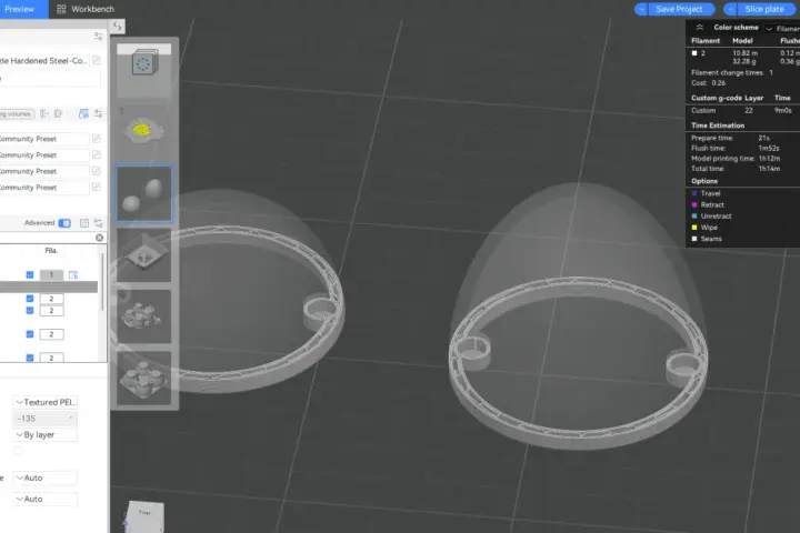 Ustawienia w Anycubic slicer dla druku skorupki jajka. Widoczne są modele, ustawienia filamentu i szacowany czas druku.