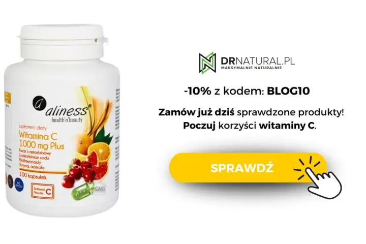 Suplement diety Aliness Witamina C 1000 mg Plus, zawierający kwas L-askorbinowy i inne składniki. Poczuj korzyści witaminy C!