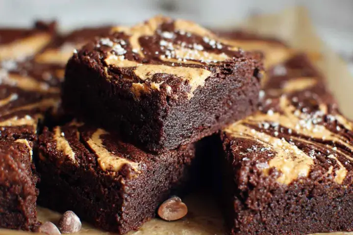 Czekoladowe brownie z masłem orzechowym, posypane solą morską. Idealne na deser.