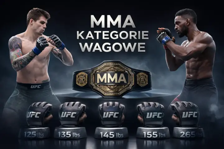 Dwóch zawodników MMA w pozycjach bojowych, pas mistrzowski UFC i rękawice z wagami: 125, 135, 145, 155, 265 lbs.