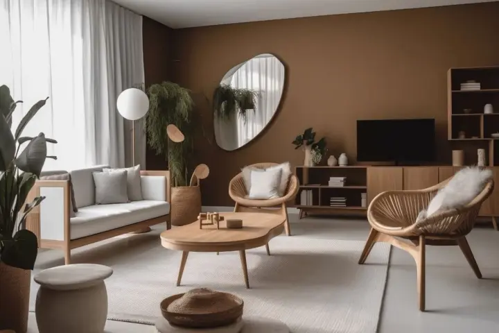 Nowoczesny salon z brązowymi ścianami, drewnianymi meblami i roślinami.
