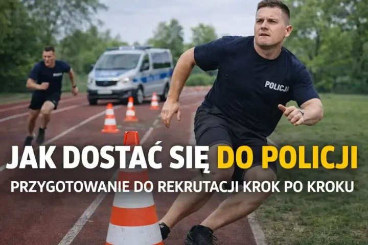 Policjanci biegają na bieżni z pachołkami. Dowiedz się, jak dostać się do policji i przygotować do rekrutacji.