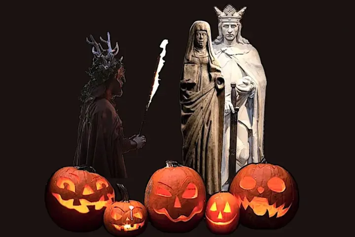 Skrämmande pumpor lyser upp mörkret inför **halloween datum**. En figur med horn och fackla står bredvid statyer av ett kungapar.