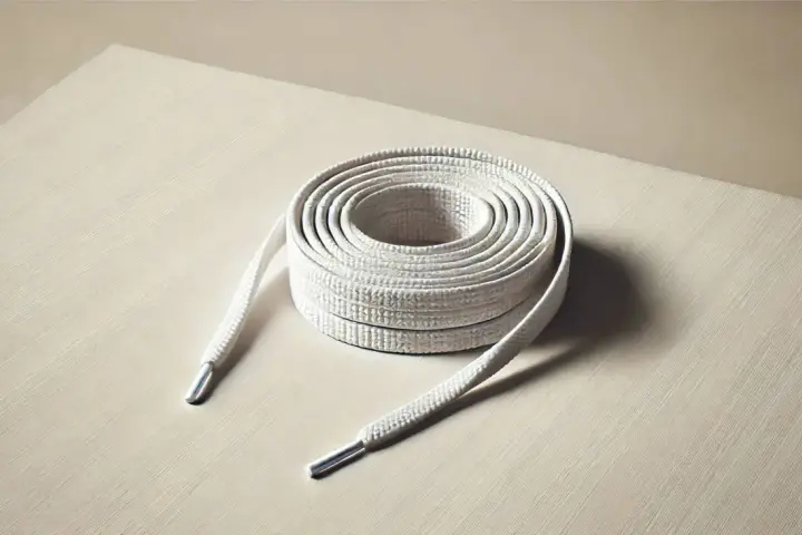Rollo de cordones blancos con puntas metálicas, listos para limpiar y dar nueva vida a tus zapatillas.