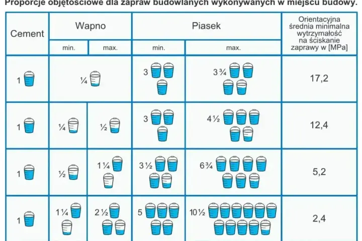 Tabela pokazuje, jak zrobić zaprawę murarską, podając proporcje cementu, wapna i piasku w wiaderkach.