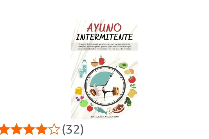 Guía visual sobre como hacer ayuno intermitente, con alimentos saludables y un reloj que marca el tiempo.