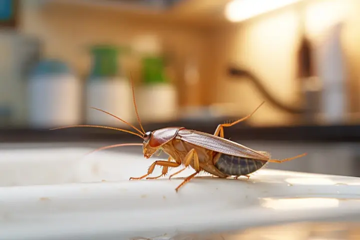 Una cucaracha en una superficie blanca, quizás huyendo del amoniaco.