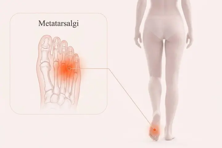 Illustration av en fot med markerad smärta i framfoten, som visar metatarsalgi. En figur visar smärtan i foten.
