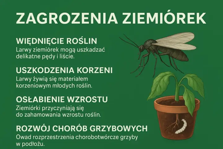 Ziemiórki, małe muszki w kwiatach, niszczą rośliny, uszkadzając korzenie i pędy, hamując wzrost i rozprzestrzeniając choroby grzybowe.