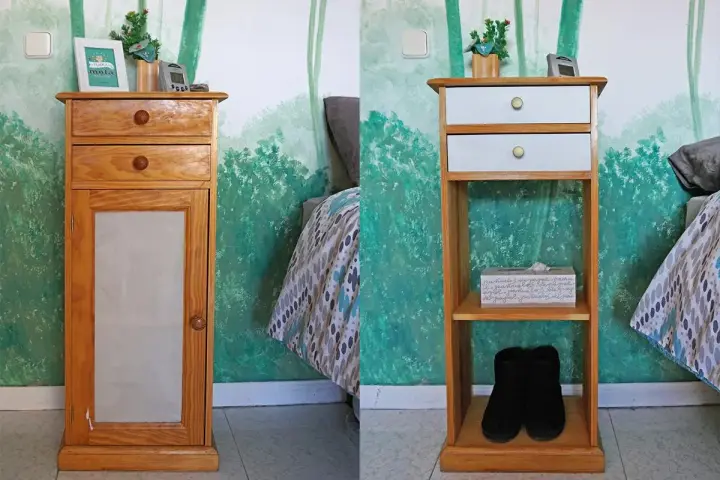 Antes y después de restaurar mesita de noche. La mesita de madera con puerta y cajones se transforma en un mueble abierto con estantes.