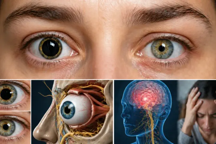 Occhi con la parte nera dell'occhio (pupilla) dilatata e contratta, anatomia oculare, cervello con emicrania e donna sofferente.