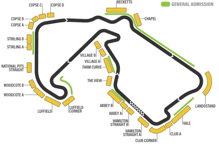 Mapa del circuito de Fórmula 1, con zonas de "General Admission" y gradas. La próxima carrera se acerca.