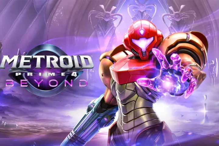 Samus Aran en su icónico traje de poder, lista para la acción en Metroid 4: Beyond. El planeta alienígena se extiende bajo un cielo púrpura.