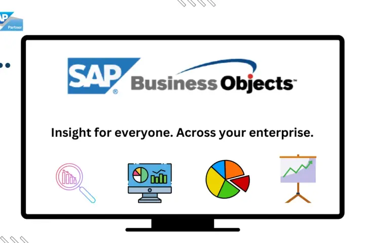 Ekran z logo SAP Business Objects i hasłem "Insight for everyone. Across your enterprise." Obok ikony lupy z wykresem, komputera z danymi, wykresu kołowego i tablicy z rosnącym wykresem.