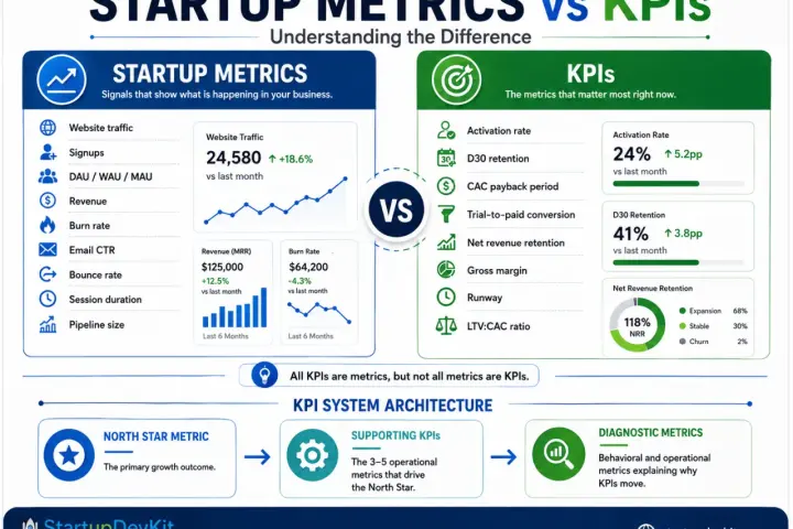 Infographic comparing startup metrics (website traffic, revenue, burn rate) with KPIs (activation rate, D30 retention, net revenue retention), illustrating their differences and a KPI system architecture.