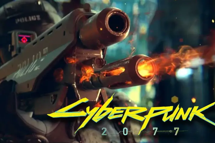 Un oficial de policía de **Cyberpunk 2077** dispara un arma futurista con llamas saliendo del cañón.
