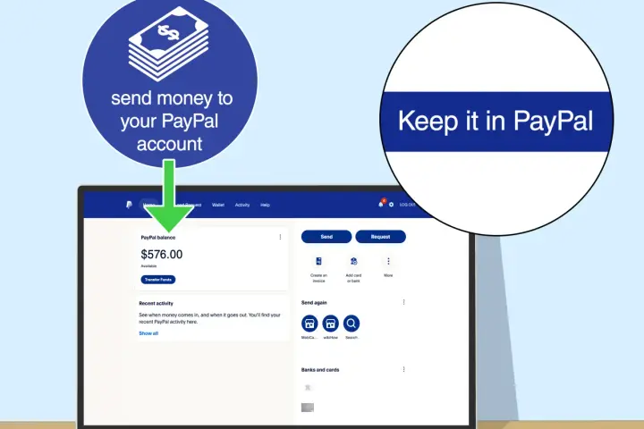 Schermata PayPal che mostra come ricaricare il tuo conto. Il saldo è di $576.00.