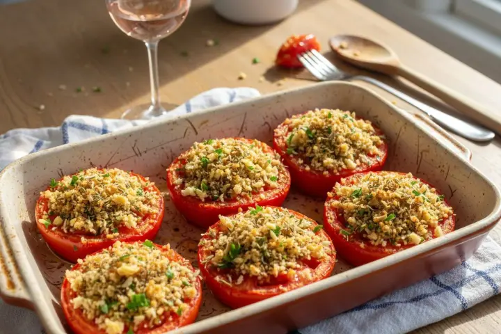 Six tomates provençales garnies d'une chapelure croustillante et d'herbes, dans un plat à gratin. Un verre de rosé et des couverts sont à proximité.