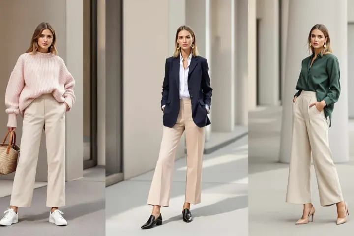 Trois femmes portent une tenue avec pantalon beige femme hiver : un pull rose, un blazer bleu marine, et une chemise verte.