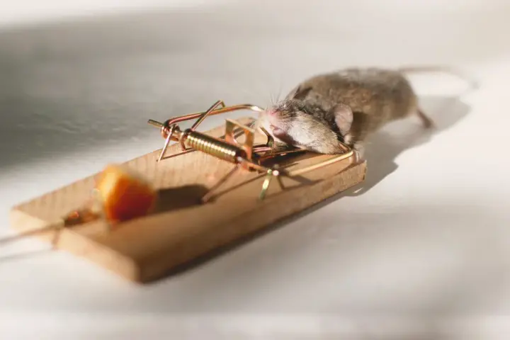 Un ratón doméstico atrapado en una trampa de madera con un trozo de queso.