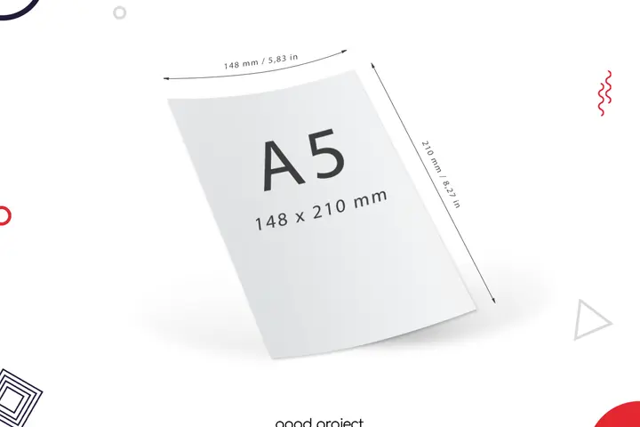 Karta papieru z napisem A5 i wymiarami 148 x 210 mm. Idealna do każdego projektu.
