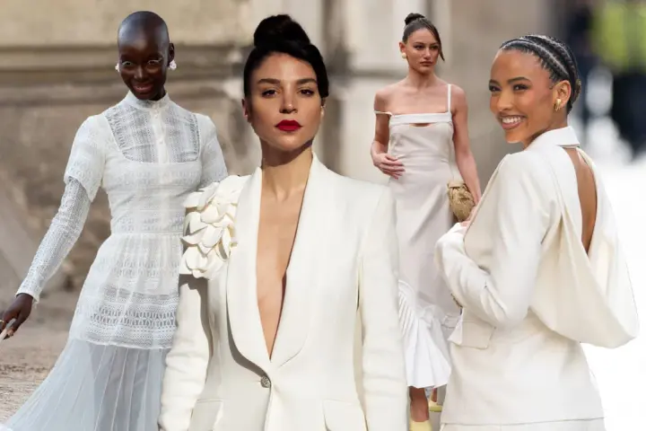 Vier Frauen in eleganten weißen Outfits, inspiriert für den Standesamt-Look. Spitze, Blazer und Kleider in Creme-Tönen.
