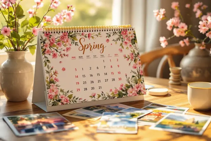 Calendrier de printemps décoré de fleurs roses, avec des photos et une tasse de café.