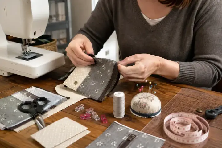 Tuto enveloppe rectangulaire : mains cousant un portefeuille en tissu, avec machine à coudre, ciseaux, épingles et ruban à mesurer.