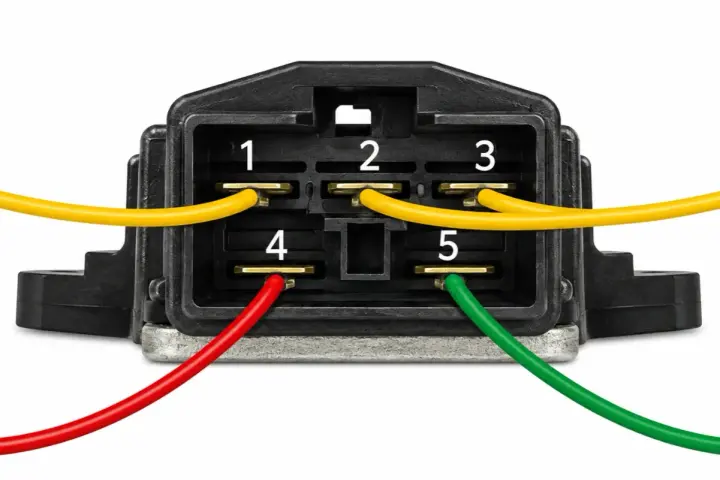 Schemat podłączenia przewodów do regulatora napięcia. Żółte przewody do pinów 1, 2, 3. Czerwony do 4, zielony do 5. Jak sprawdzić regulator napięcia?
