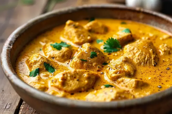 En krämig kycklingrätt i en skål, perfekt för ett enkelt kyckling recept. Garnerad med färsk koriander.