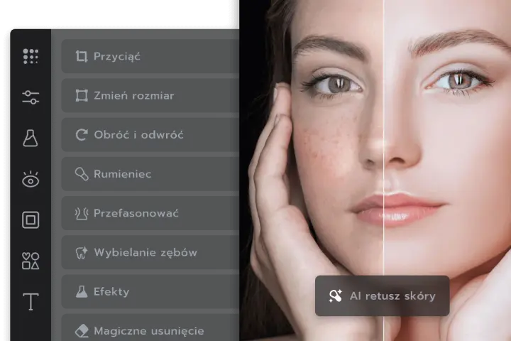 Przerabianie zdjęć online efekty: porównanie twarzy przed i po retuszu skóry. Widoczne opcje edycji: przycinanie, zmiana rozmiaru, obracanie, rumieniec, przefasonowanie, wybielanie zębów, efekty, magiczne usunięcie.