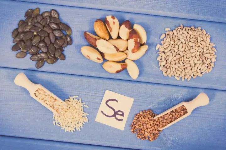Graines de citrouille, noix du Brésil, graines de tournesol, riz, sarrasin et la carte "Se" symbolisant le sélénium. Découvrez les sélénium bienfaits !