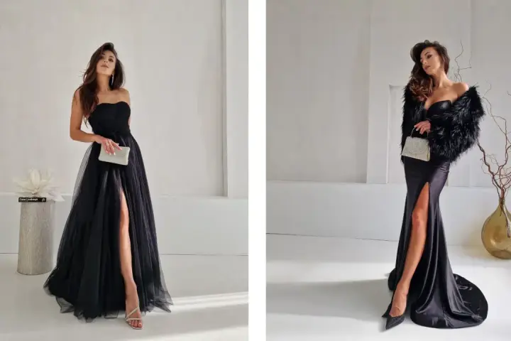 Elegancka czarna sukienka na wesele z rozcięciem, uzupełniona błyszczącą kopertówką i futrzanym bolerkiem.