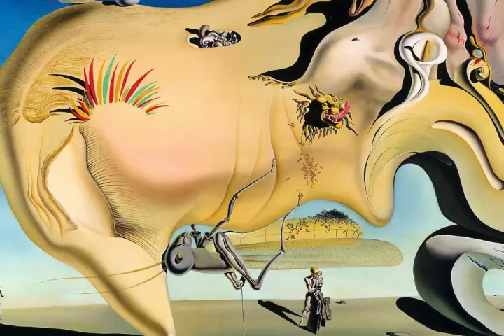 Un paysage onirique aux formes molles, typique des **œuvres surréalistes de Salvador Dalí**, avec des créatures étranges et des objets flottants.