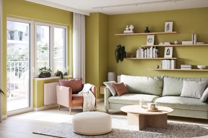 Jasny, limonkowy kolor ścian tworzy przytulną atmosferę w salonie z pastelową sofą i fotelem.