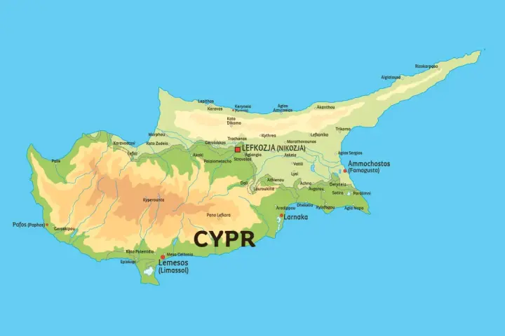 Mapa pokazuje, gdzie leży Cypr, z zaznaczonymi miastami jak Nikozja, Limassol i Larnaka.