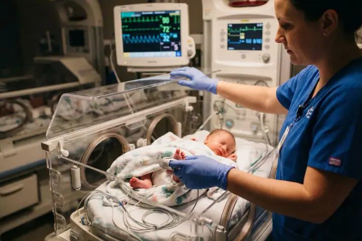 Pielęgniarka neonatologiczna czule opiekuje się noworodkiem w inkubatorze, monitorując jego funkcje życiowe.