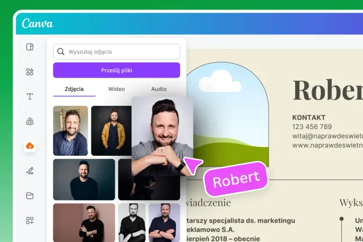 Tworzenie nowoczesnego CV w Canvie. Widok edytora z panelami do dodawania zdjęć i tekstu.