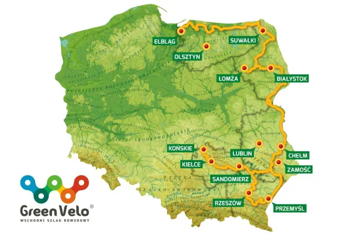 Mapa Polski z zaznaczonym wschodni szlak rowerowy Green Velo, prowadzącym przez malownicze tereny od Elbląga po Przemyśl.