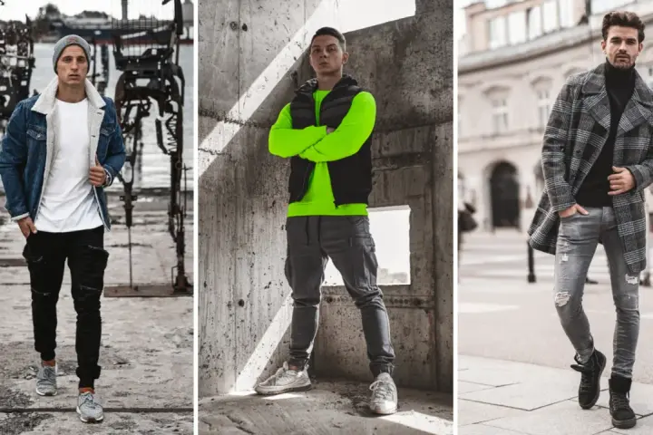 Trzech mężczyzn prezentuje gotowe zestawy ubrań do kupienia: denimowa kurtka z kożuszkiem, neonowa bluza z kamizelką i płaszcz w kratę.