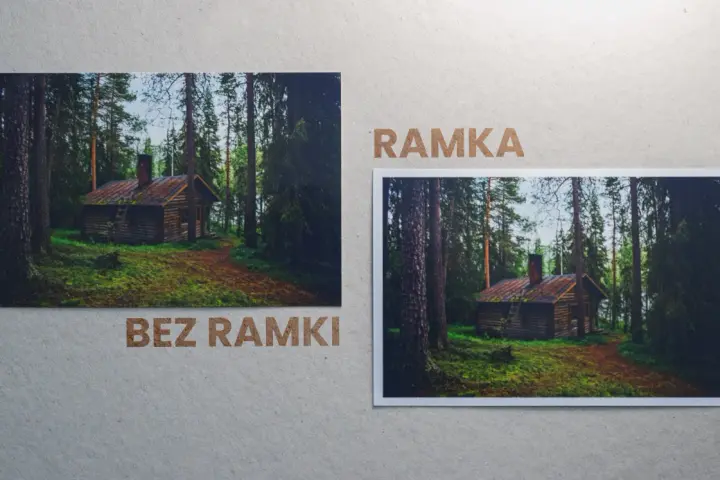 Dwa zdjęcia leśnej chatki: jedno bez ramki, drugie w formacie 13x18 z ramką.