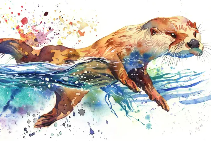 Un dessin à l'aquarelle d'une loutre nageant joyeusement dans des eaux bleues et vertes, avec des éclaboussures de couleurs vives.