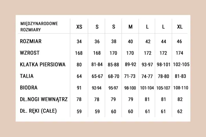 Tabela rozmiarów: wzrost 170 cm odpowiada rozmiarowi M (40), obwód klatki 89-92 cm, talii 71-73 cm, bioder 98-100 cm.