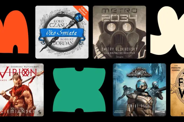 Kolekcja najlepszych audiobooków fantasy: "Oko Świata", "Metro 2034", "Virion", "Legion Niesmiertelnych" i "Czarne Skrzydło".