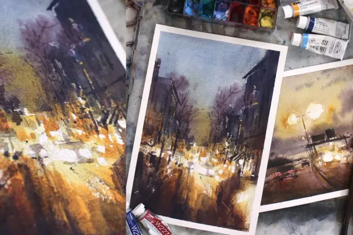 Peinture d'une ville connue la nuit, avec des lumières vives et des silhouettes sombres. L'artiste capture l'atmosphère d'une rue animée.