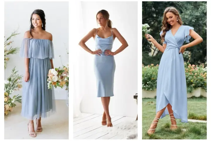 Trois femmes portent des robes bleu ciel. Laquelle de ces couleurs de chaussures irait le mieux avec une robe bleu ciel ? Des sandales nude et transparentes.