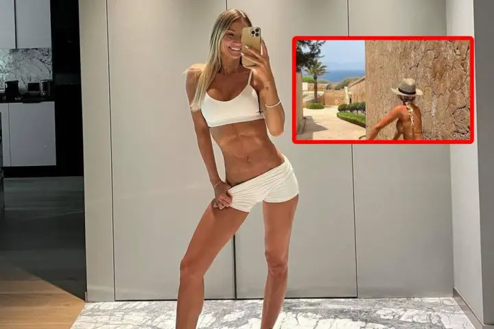Agata Sieramska pozuje w białym sportowym komplecie, prezentując wyrzeźbiony brzuch. W małym kadrze widać ją w słomkowym kapeluszu na tle śródziemnomorskiego krajobrazu.
