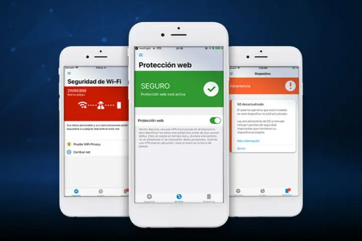 Tres móviles muestran interfaces de seguridad: Wi-Fi en peligro, protección web activa y advertencia de SO desactualizado. Ideal para pasar antivirus al móvil.